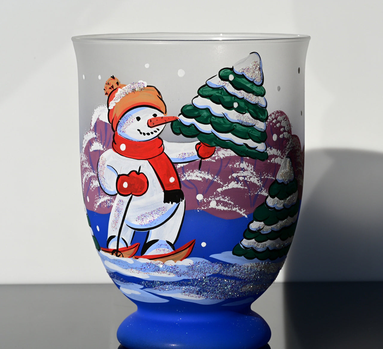 Mothers Day Vase: Handblown Skiing Snowman Frosted Glass Candle Holder
