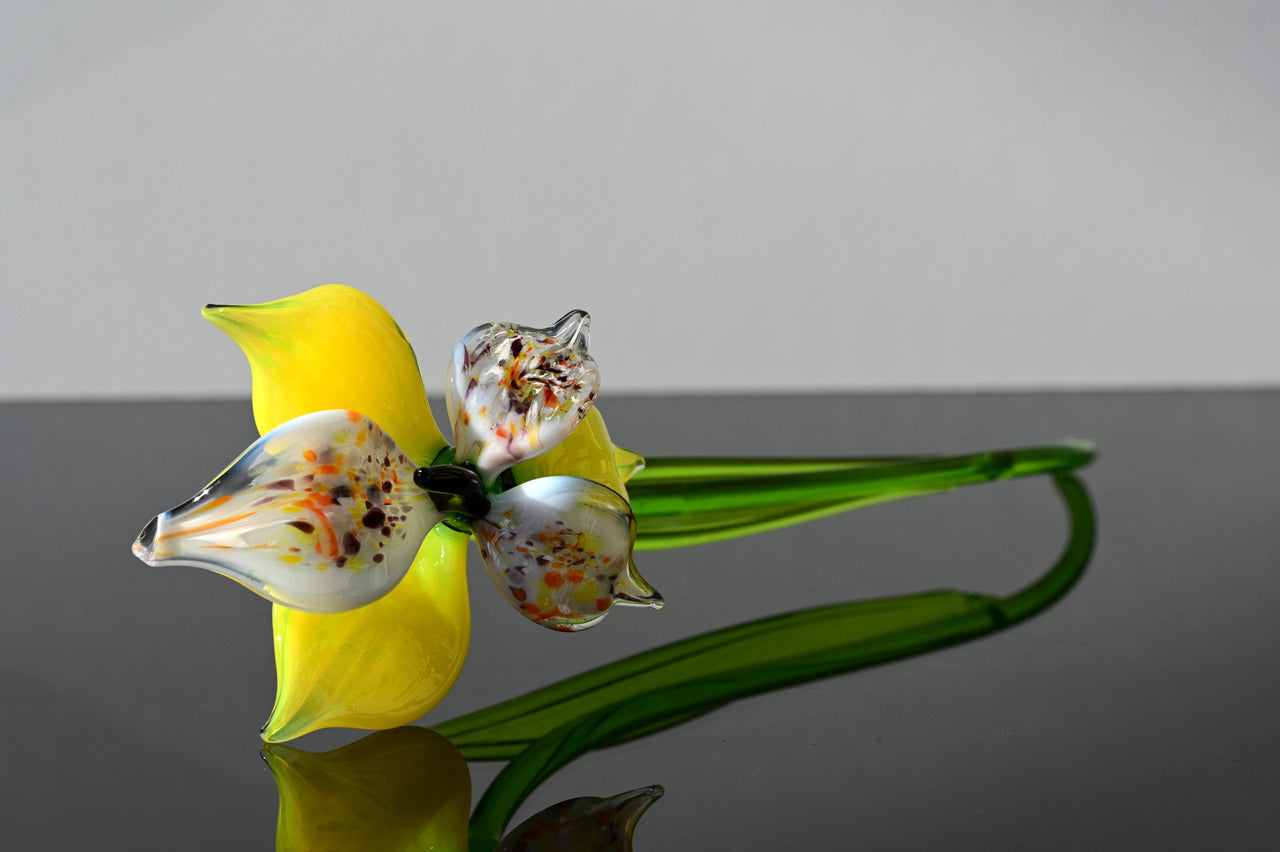 Handmade Yellow Glass Orchid Flower: Flame Worked Sculpture, 14 Inch