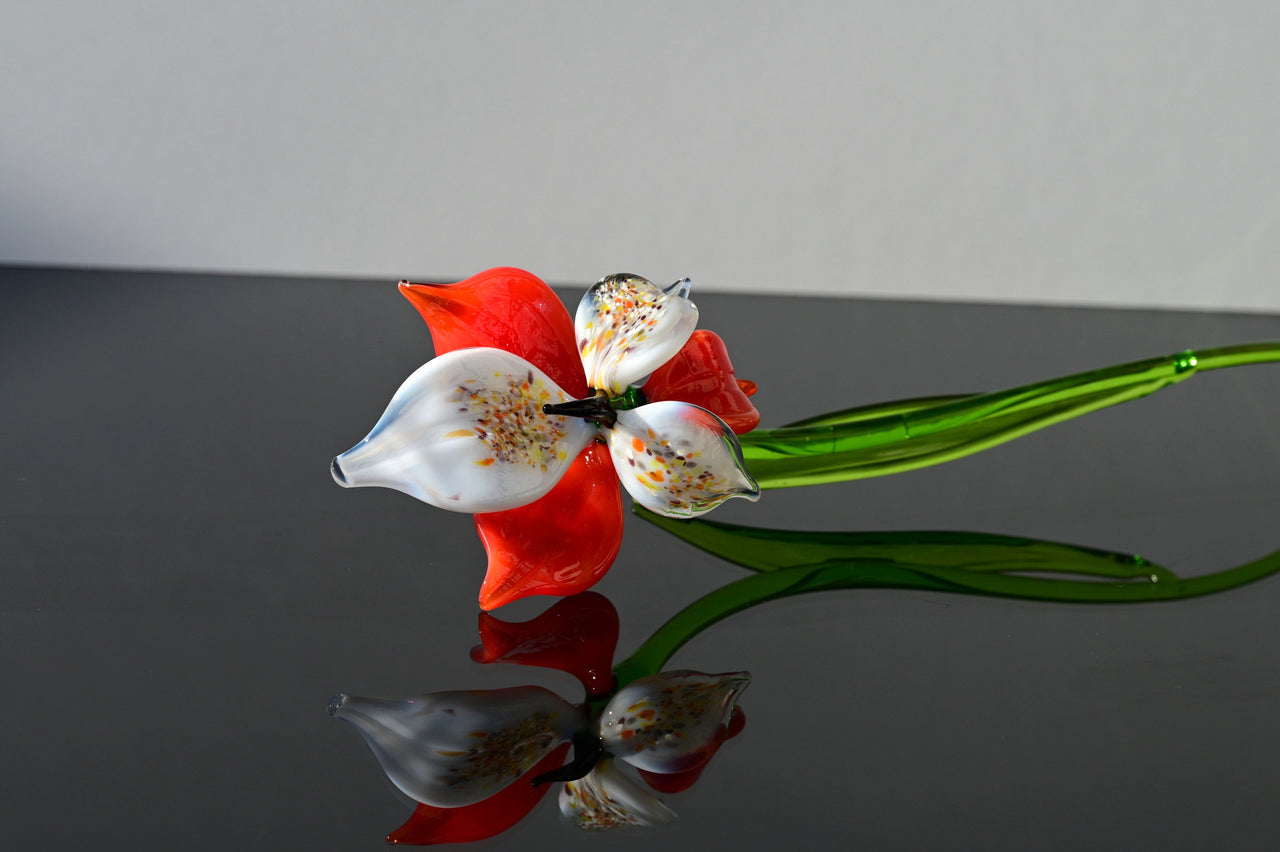 Handmade Red-White Glass Orchid Flower: Collectible Sculpture