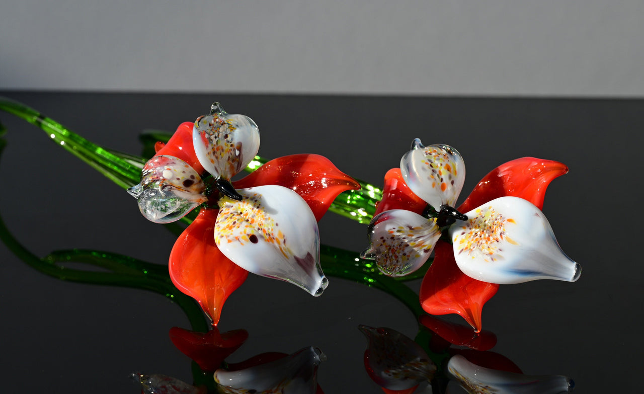 Handmade Red-White Glass Orchid Flower: Collectible Sculpture