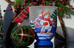 Christmas Vase: Handblown Skiing Snowman Frosted Glass Candle Holder