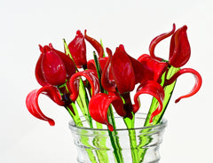 Hand Blown Red Glass Iris Flower: Long Stem Sculpture