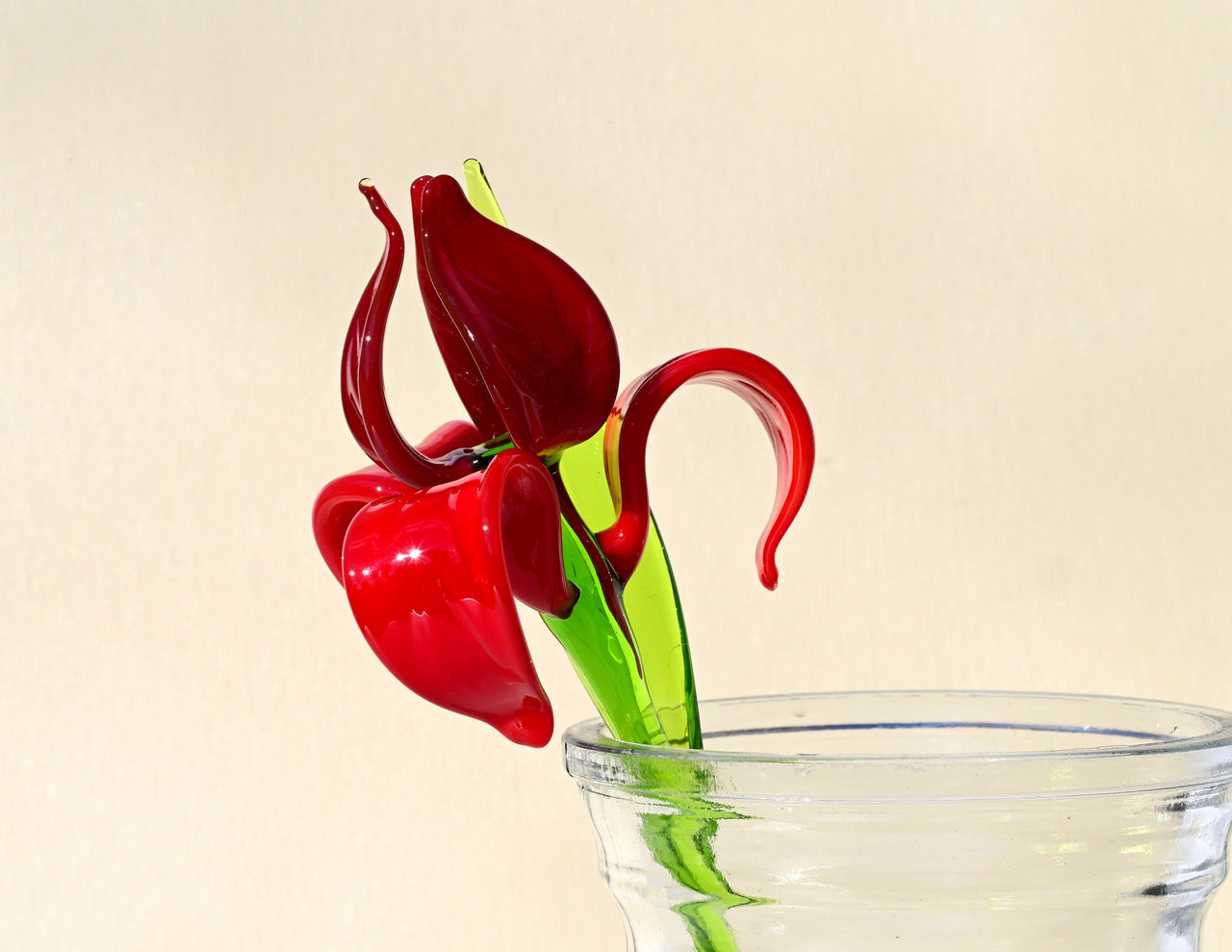 Hand Blown Red Glass Iris Flower: Long Stem Sculpture