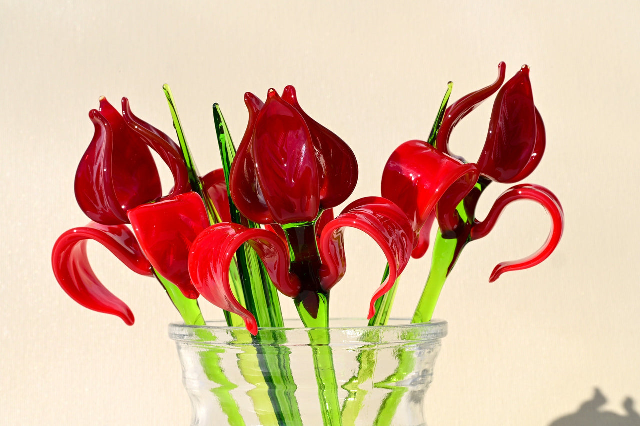 Hand Blown Red Glass Iris Flower: Long Stem Sculpture