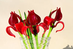 Hand Blown Red Glass Iris Flower: Long Stem Sculpture