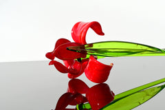 Hand Blown Red Glass Iris Flower: Long Stem Sculpture