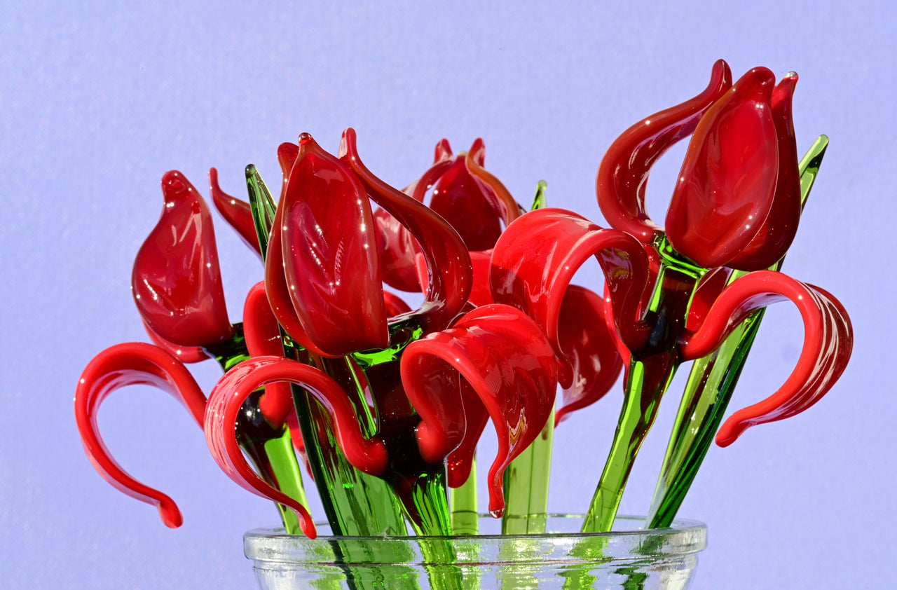 Hand Blown Red Glass Iris Flower: Long Stem Sculpture