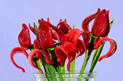 Hand Blown Red Glass Iris Flower: Long Stem Sculpture