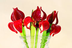 Hand Blown Red Glass Iris Flower: Long Stem Sculpture