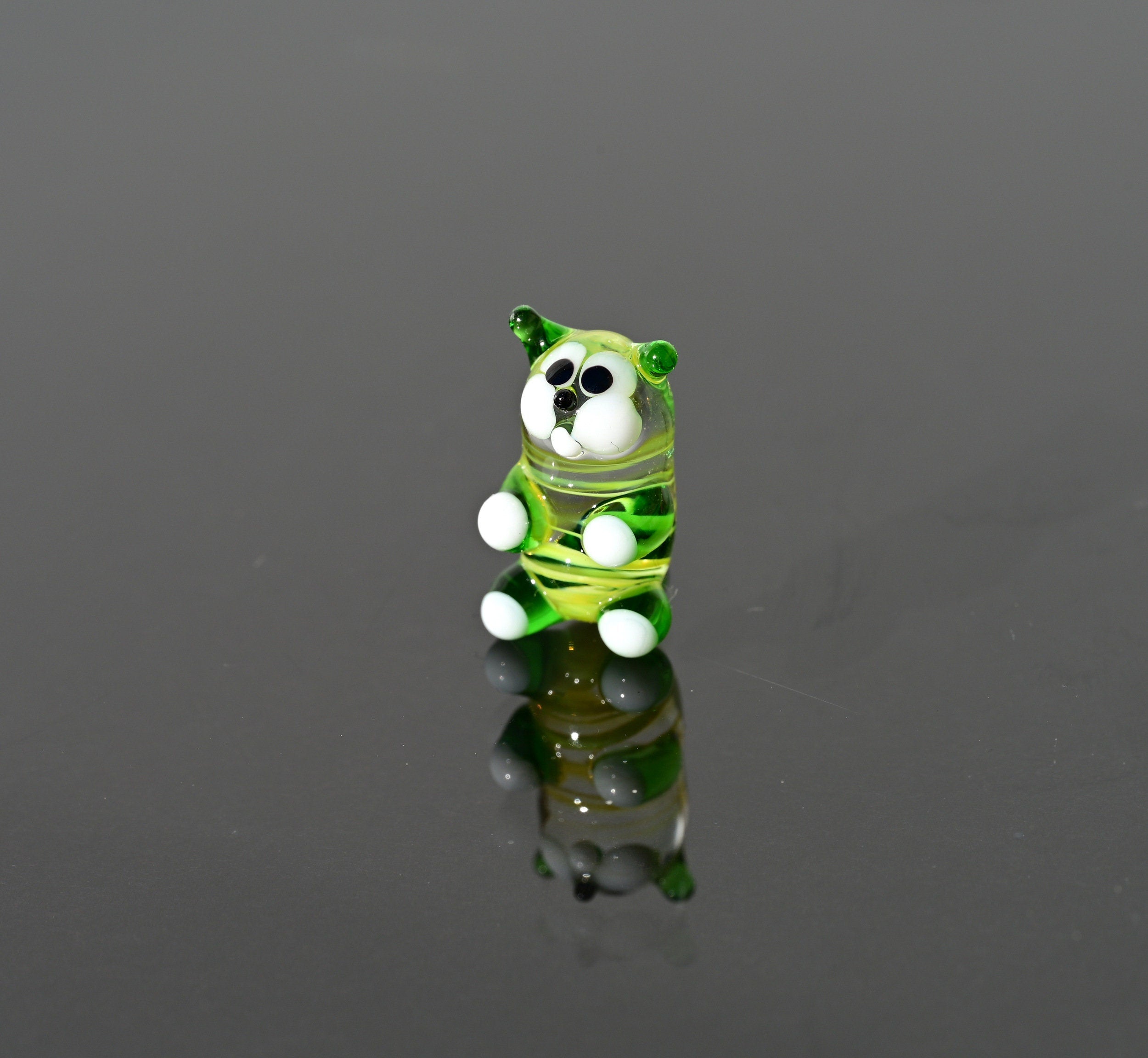 Lampwork Glass Miniature Green Cat: Whimsical Figurine