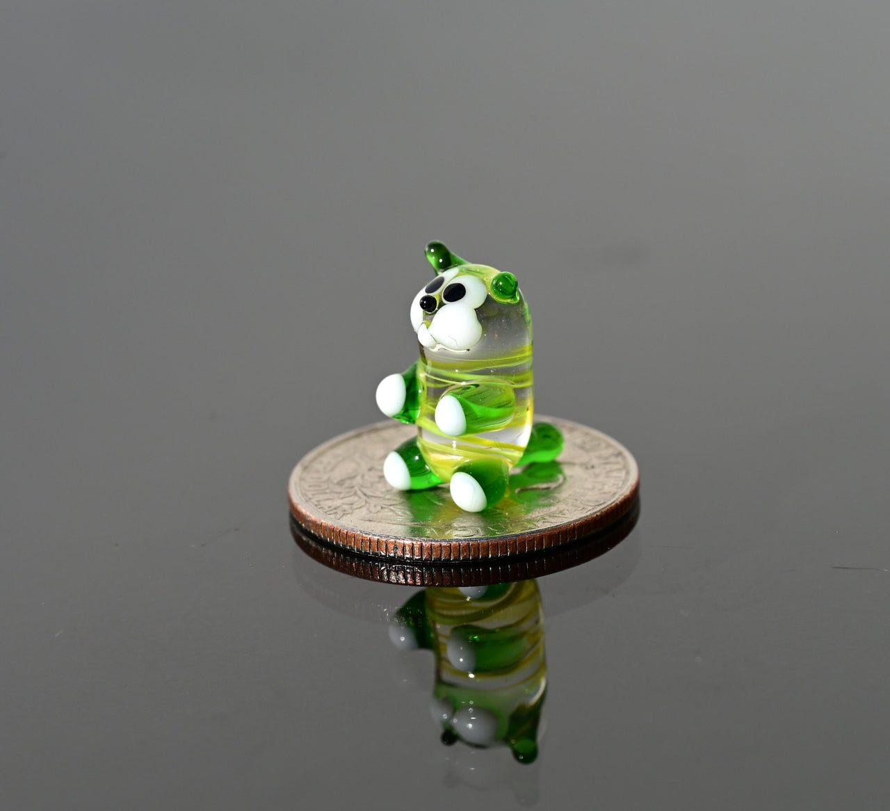 Lampwork Glass Miniature Green Cat: Whimsical Figurine