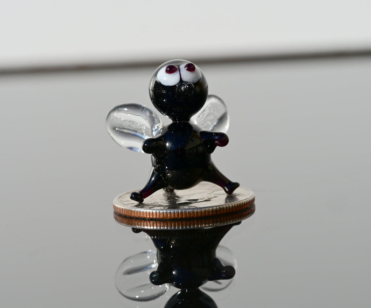 Lampwork Glass Fly Miniature: Whimsical Black Clear Figurine