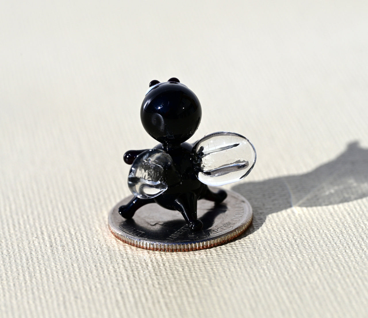 Lampwork Glass Fly Miniature: Whimsical Black Clear Figurine