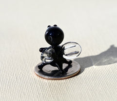 Lampwork Glass Fly Miniature: Whimsical Black Clear Figurine