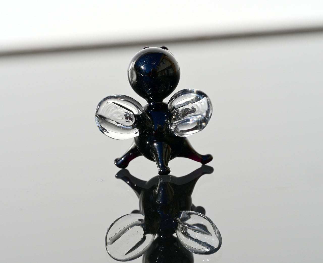 Lampwork Glass Fly Miniature: Whimsical Black Clear Figurine