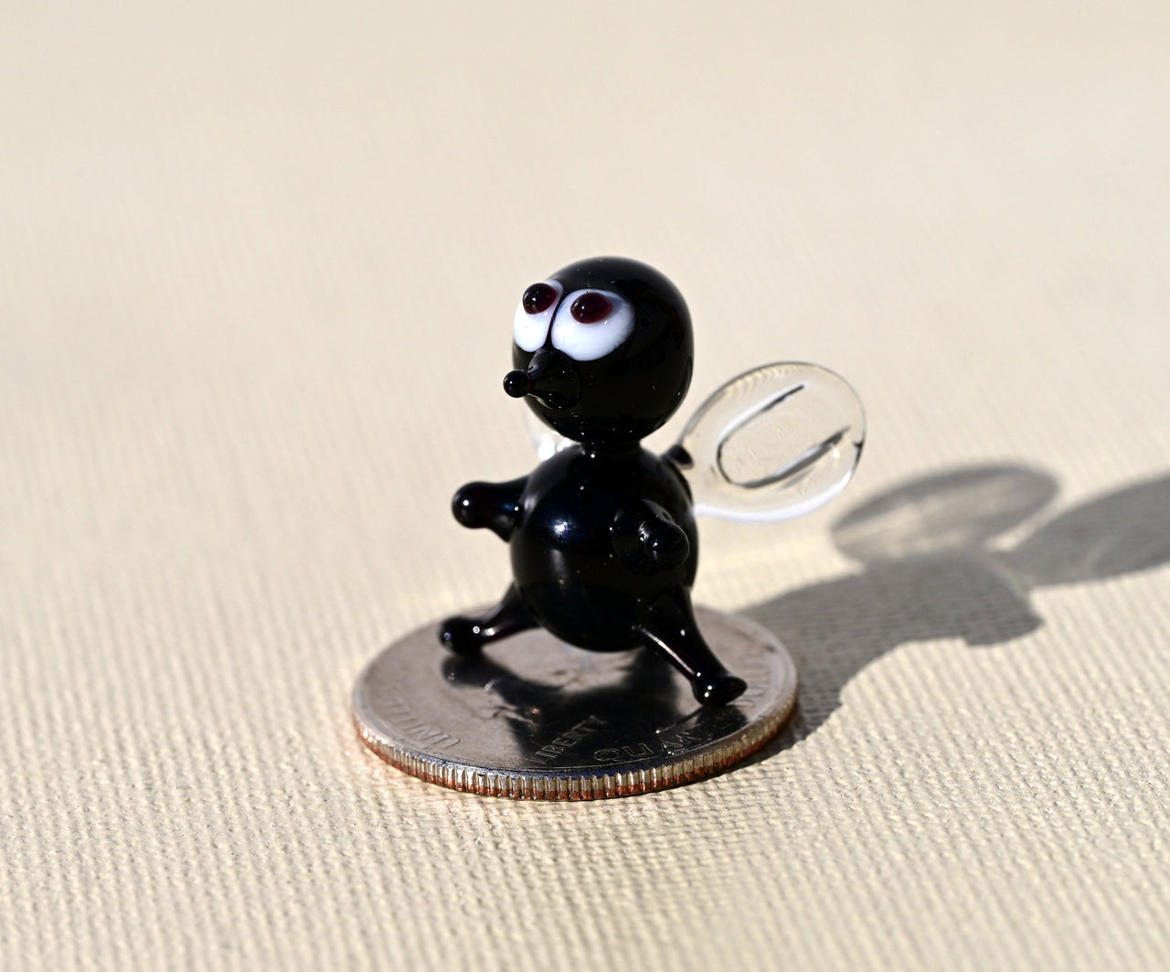 Lampwork Glass Fly Miniature: Whimsical Black Clear Figurine