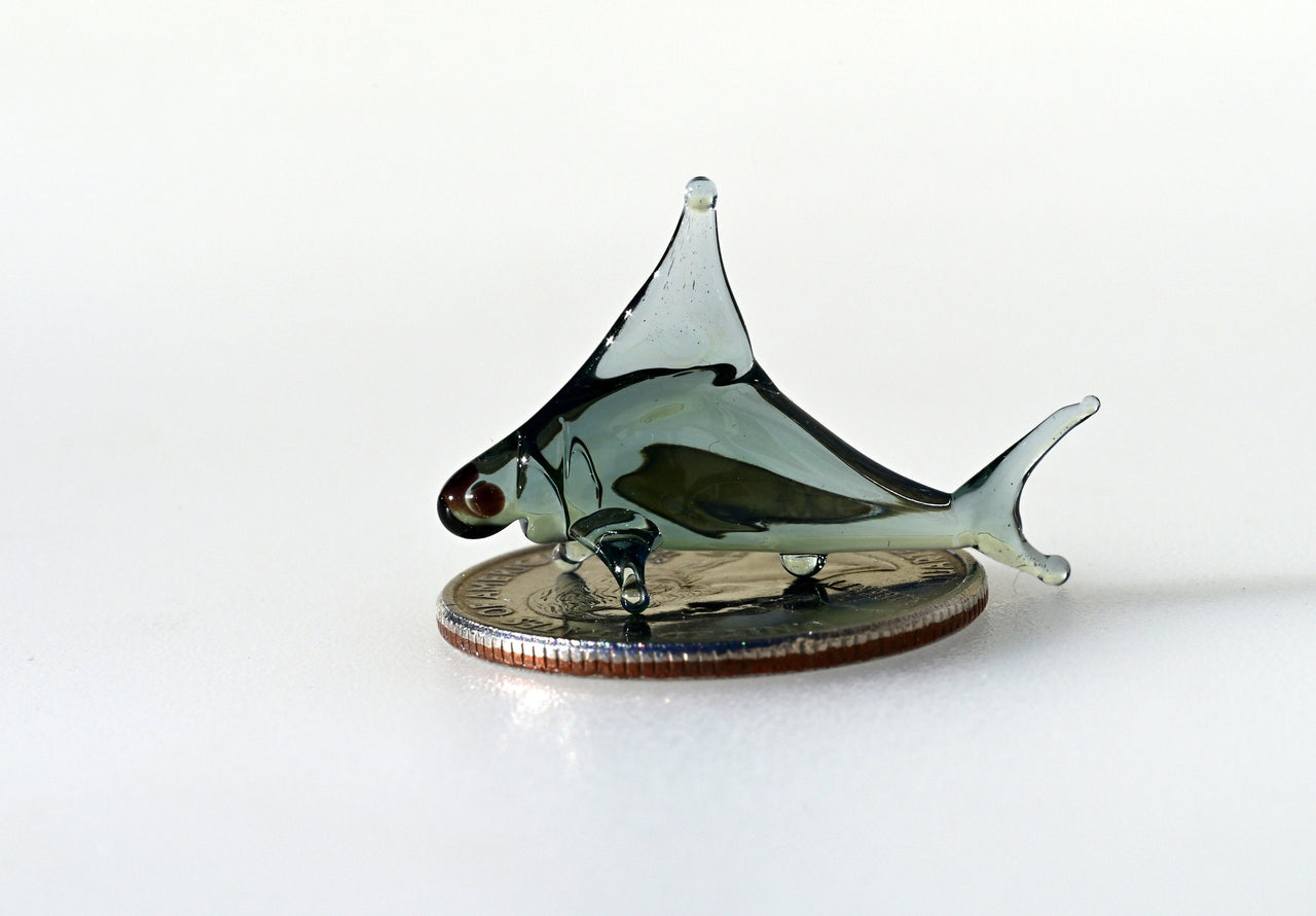 Aqua Grey Glass Shark Miniature: Lampwork Whimsical Figurine