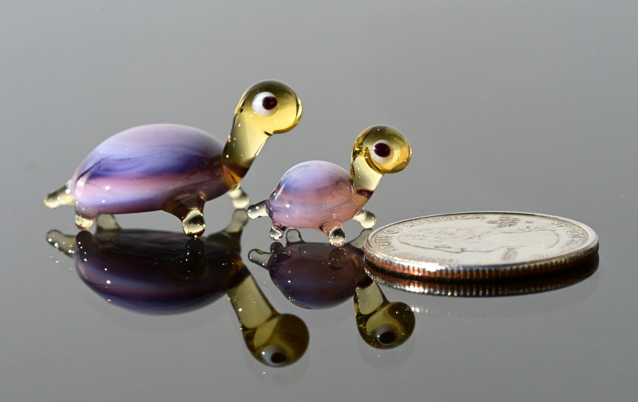 Small Glass Turtles - Purple Turtle Gift - Tiny Glass Animals - Set of 2 Turtle Figurines Decor Gifts for Women - Miniature Glass Animal