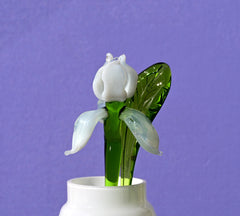 Hand Blown Glass Iris Flower Sculpture: White Clear Art Glass Decor