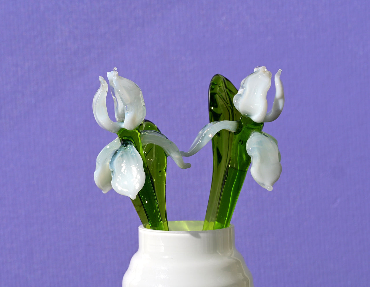 Hand Blown Glass Iris Flower Sculpture: White Clear Art Glass Decor