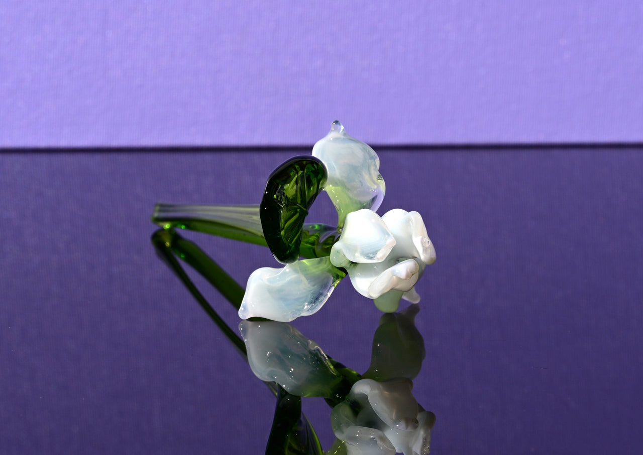 Hand Blown Glass Iris Flower Sculpture: White Clear Art Glass Decor