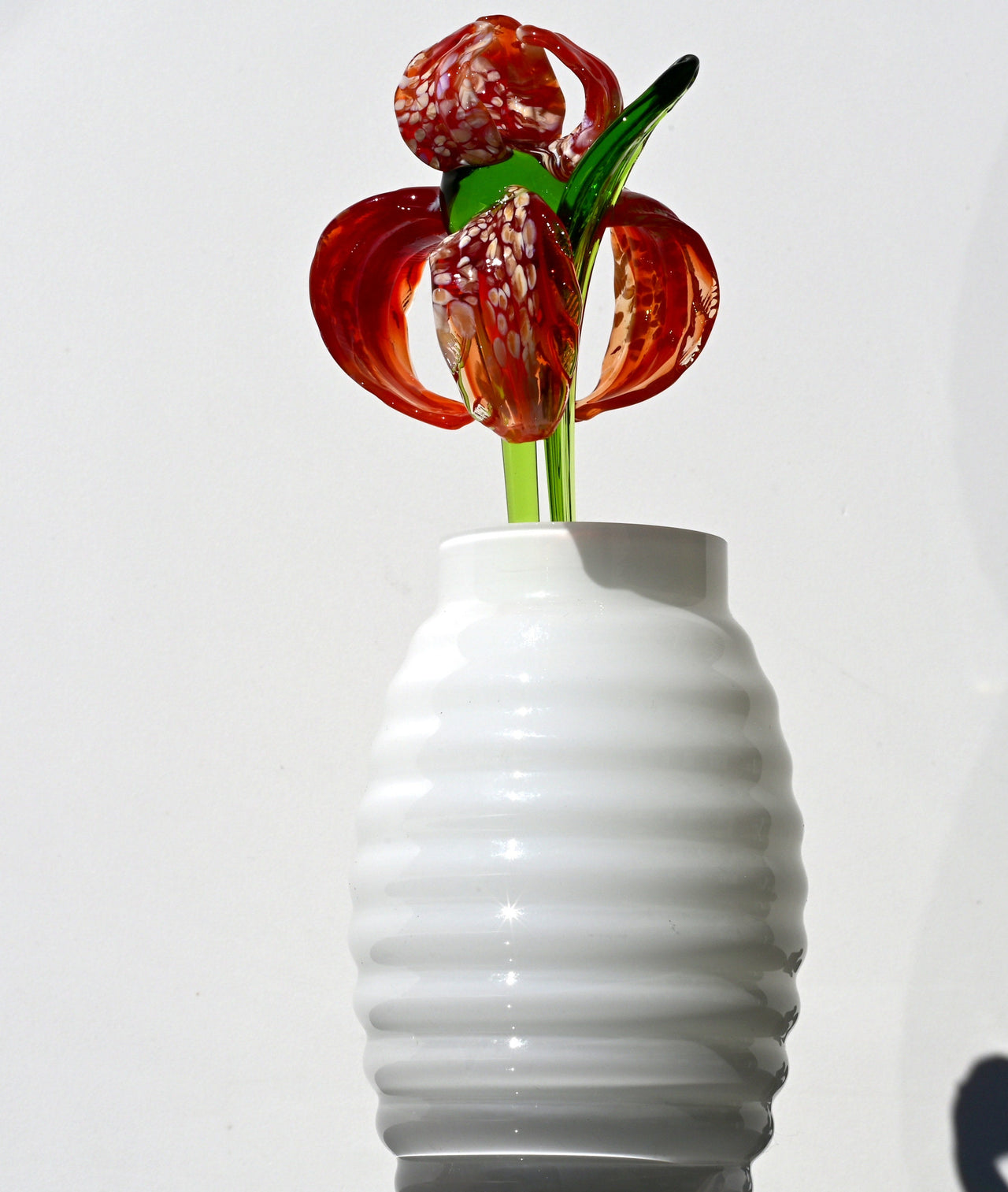 Handmade Red Glass Iris Flower: Collectible Flame-Worked Sculpture