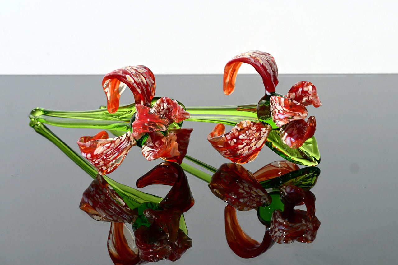 Handmade Red Glass Iris Flower: Collectible Flame-Worked Sculpture