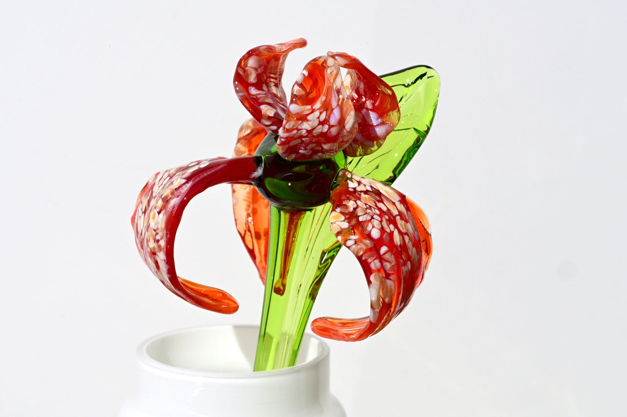 Handmade Red Glass Iris Flower: Collectible Flame-Worked Sculpture