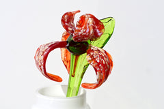 Handmade Red Glass Iris Flower: Collectible Flame-Worked Sculpture