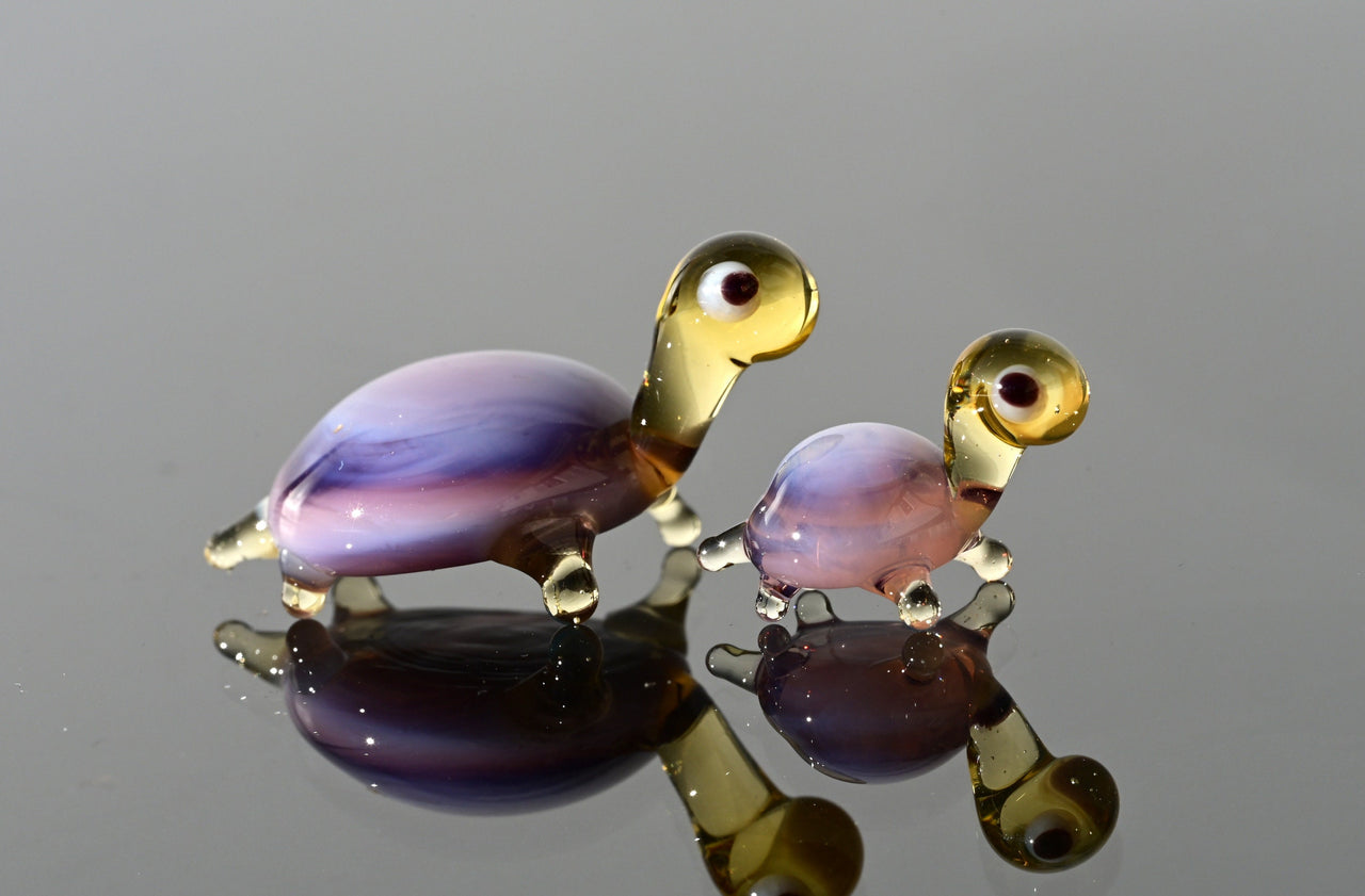 Small Glass Turtles - Purple Turtle Gift - Tiny Glass Animals - Set of 2 Turtle Figurines Decor Gifts for Women - Miniature Glass Animal