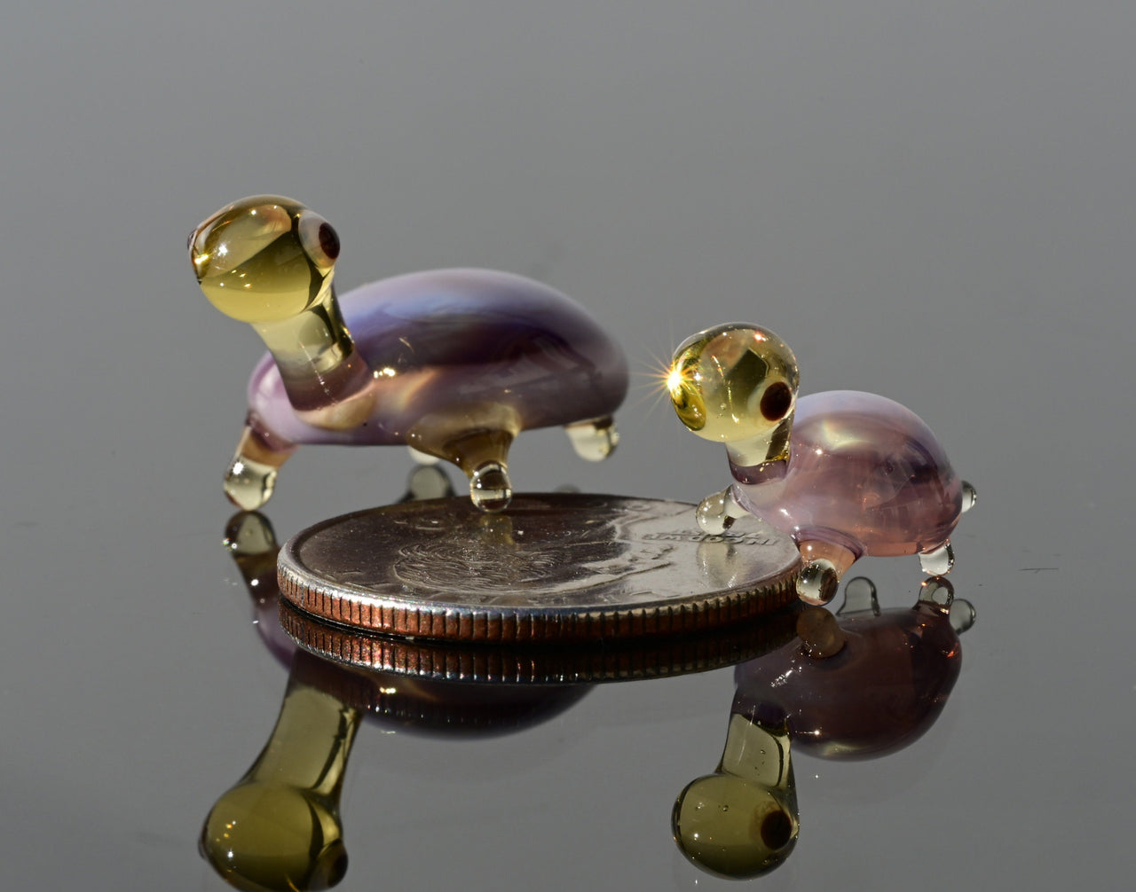 Small Glass Turtles - Purple Turtle Gift - Tiny Glass Animals - Set of 2 Turtle Figurines Decor Gifts for Women - Miniature Glass Animal