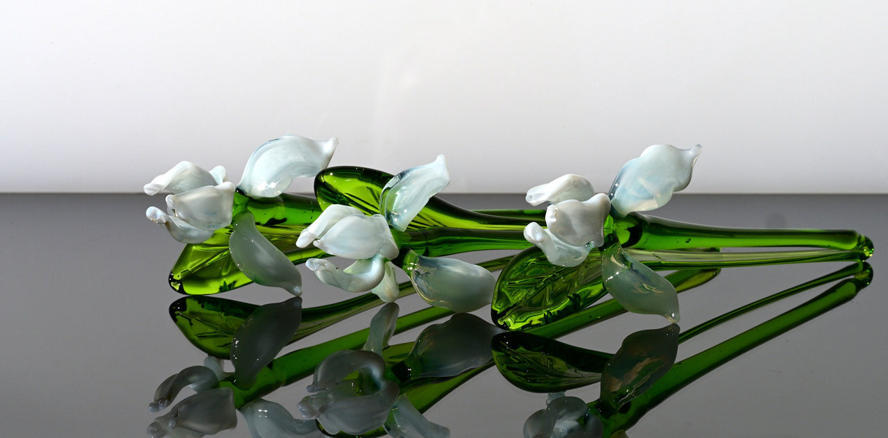 Hand Blown Glass Iris Flower Sculpture: White Clear Art Glass Decor
