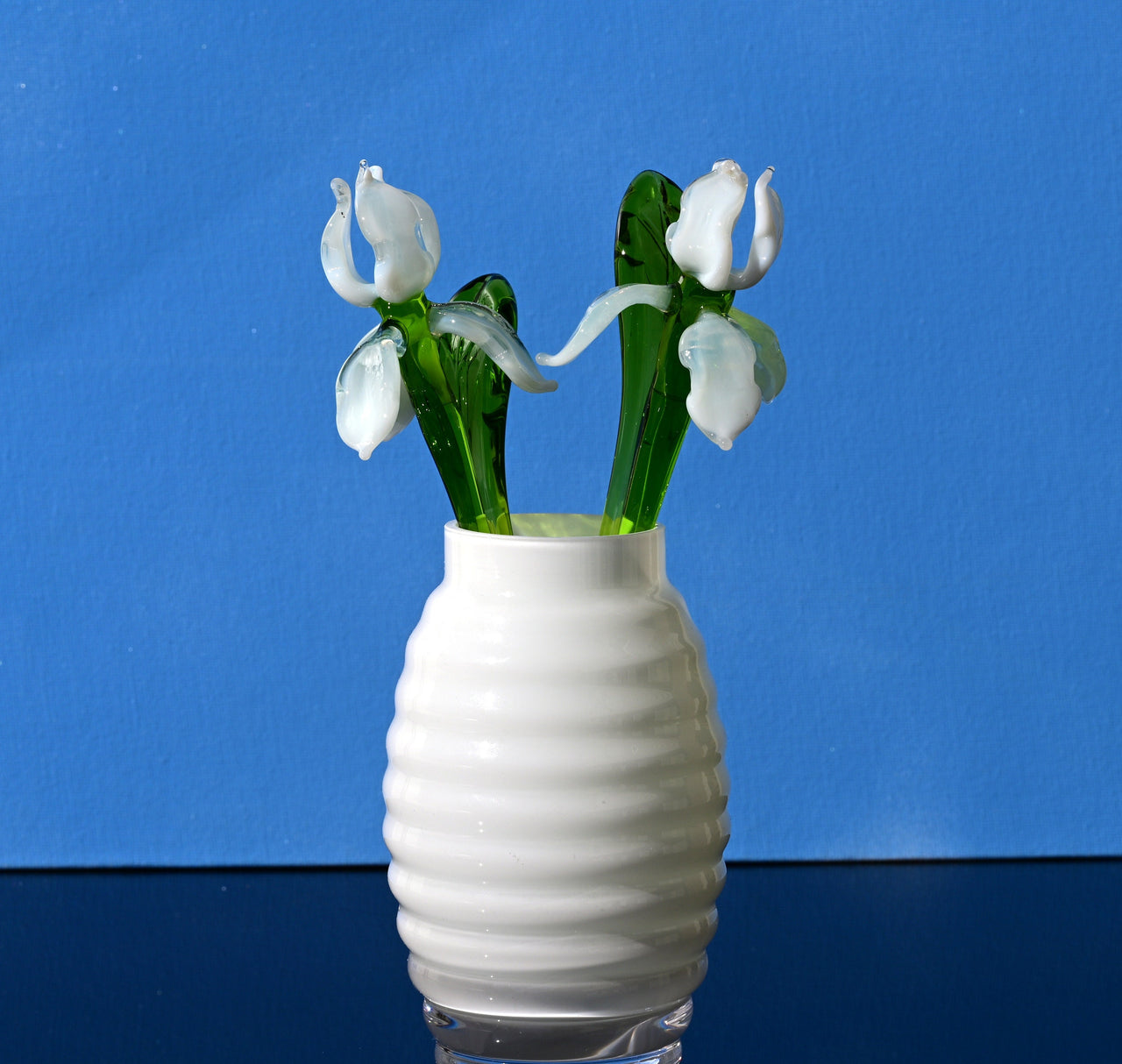 Hand Blown Glass Iris Flower Sculpture: White Clear Art Glass Decor