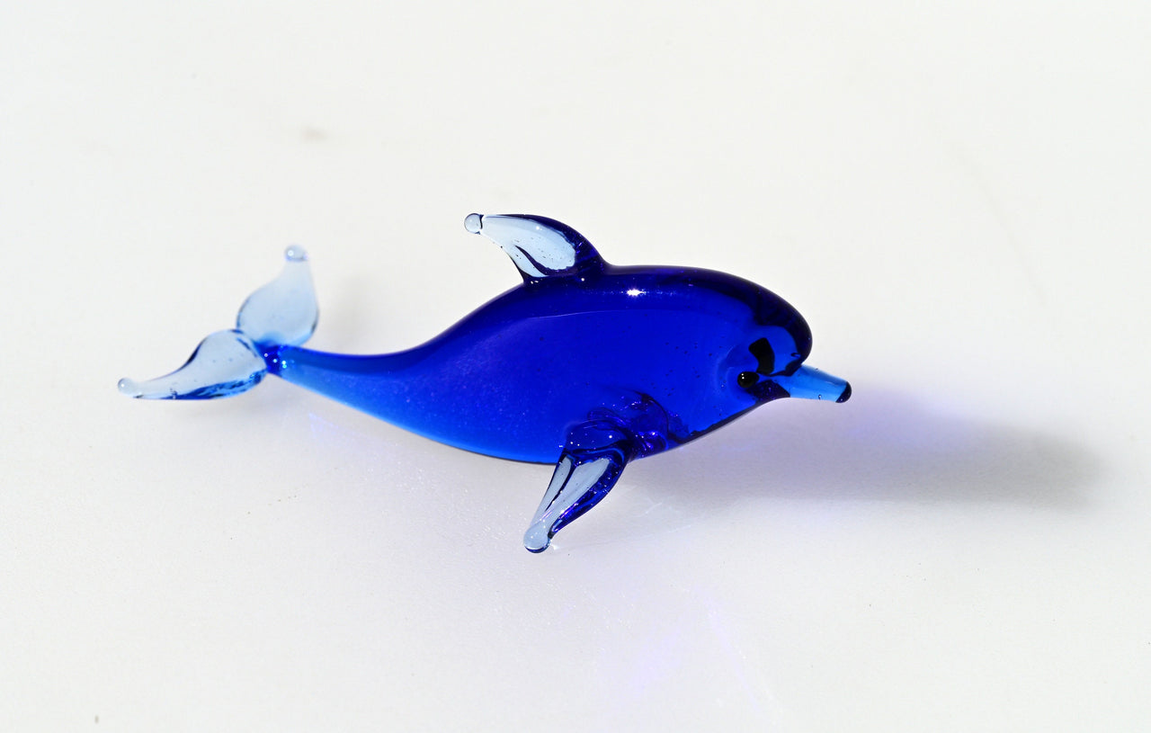 Blue Glass Dolphin Figurine: Whimsical Handmade Sculpture