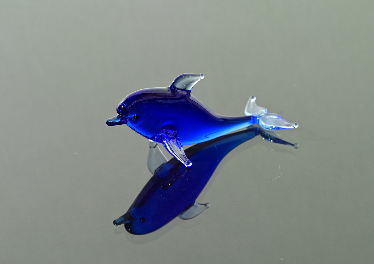Blue Glass Dolphin Figurine: Whimsical Handmade Sculpture