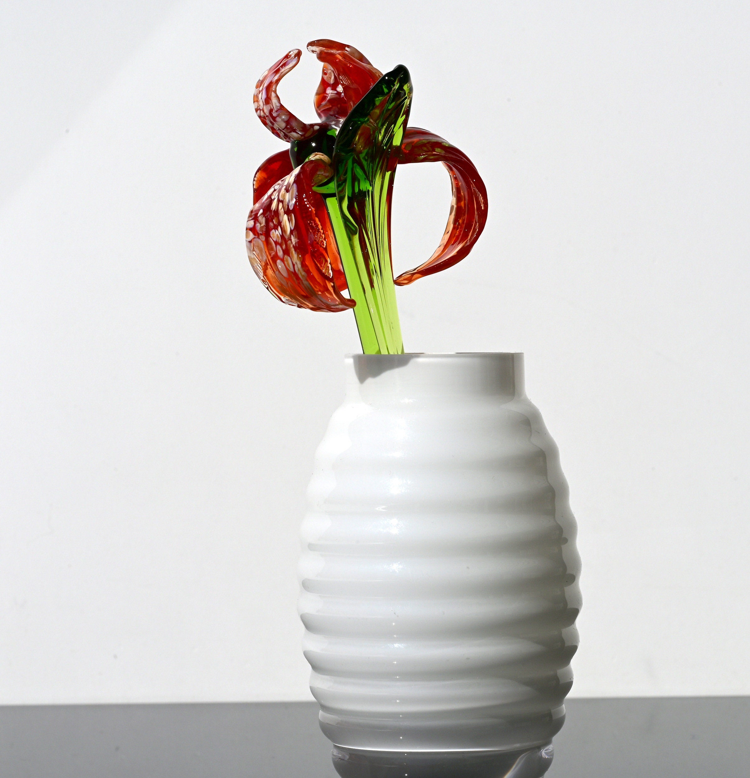 Handmade Red Glass Iris Flower: Collectible Flame-Worked Sculpture