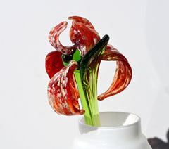 Handmade Red Glass Iris Flower: Collectible Flame-Worked Sculpture