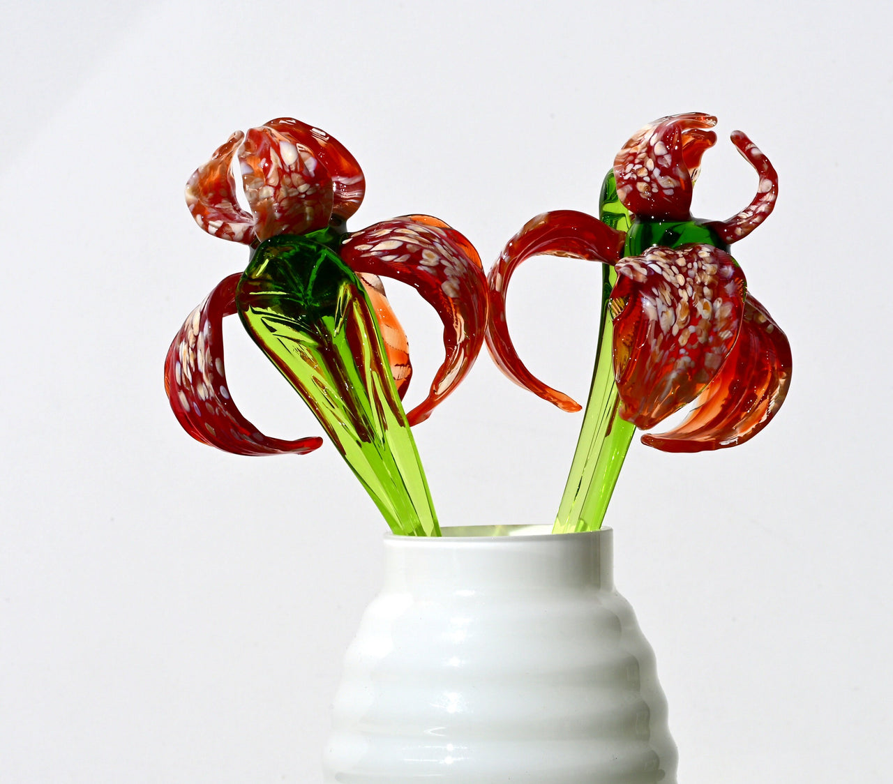 Handmade Red Glass Iris Flower: Collectible Flame-Worked Sculpture