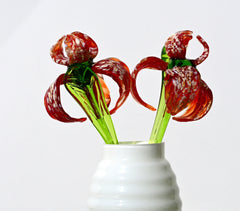 Handmade Red Glass Iris Flower: Collectible Flame-Worked Sculpture