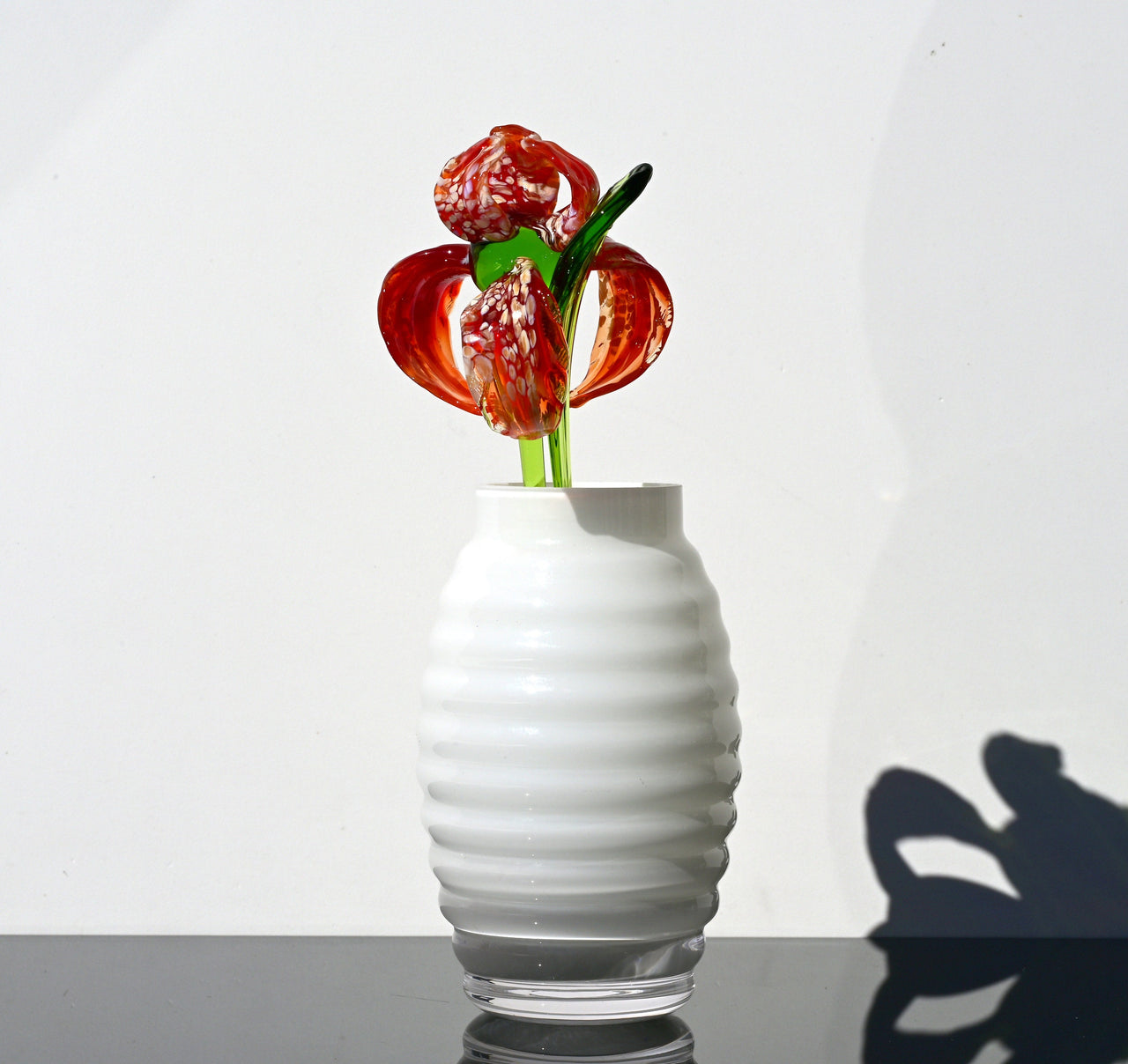 Handmade Red Glass Iris Flower: Collectible Flame-Worked Sculpture