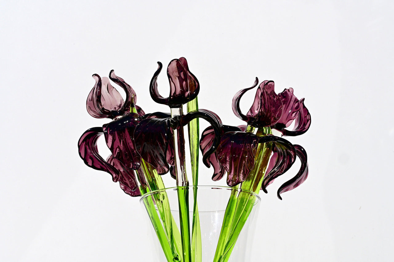 Awesome long stem purple glass Iris flower, purple glass flowers, Excellent addition to your  collection, unique gift.