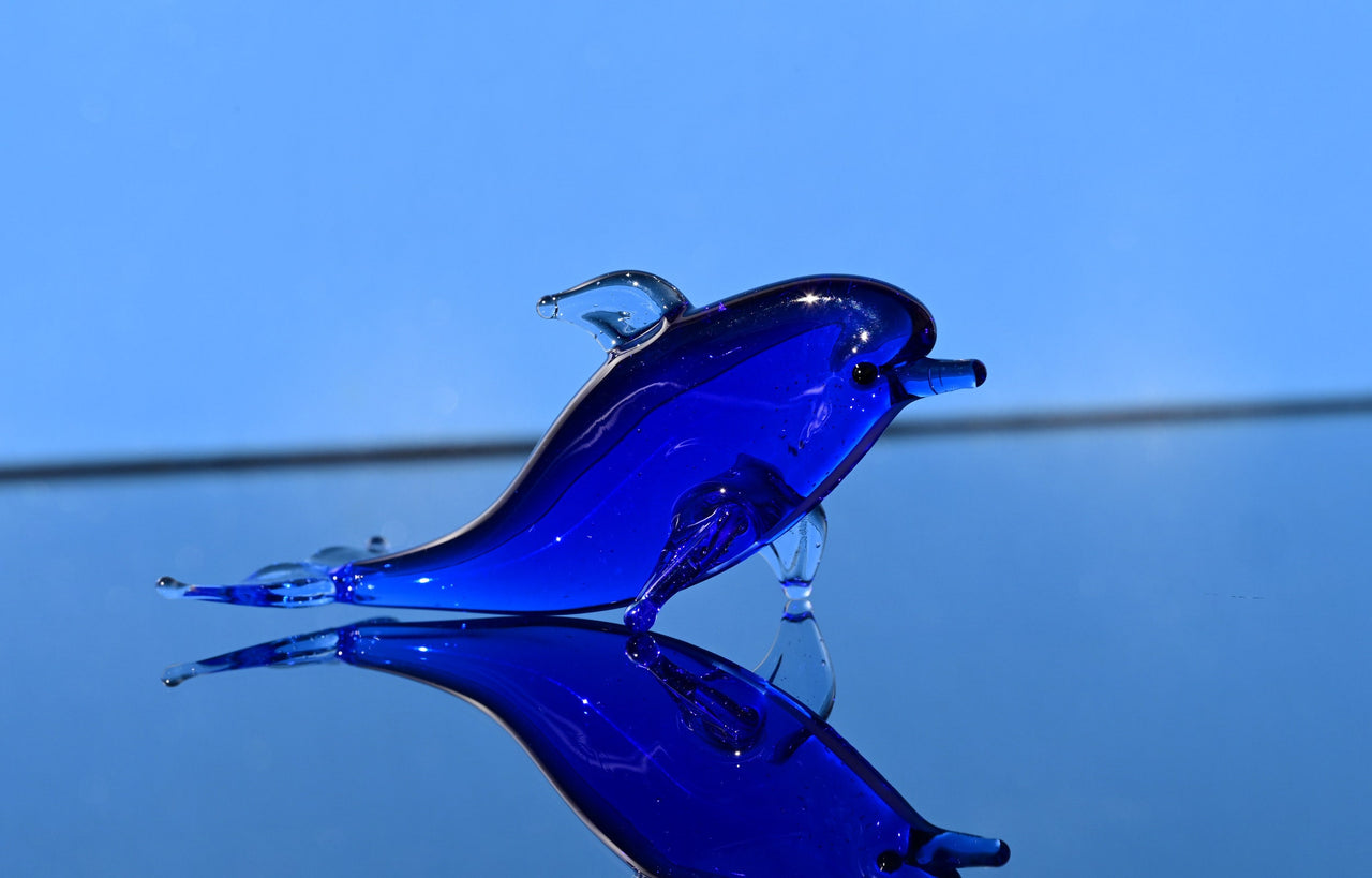 Blue Glass Dolphin Figurine: Whimsical Handmade Sculpture