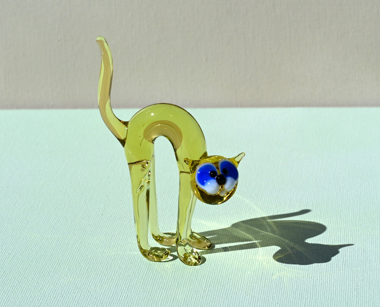 Handmade Yellow Glass Cat Figurine: Whimsical Flame-Worked Art