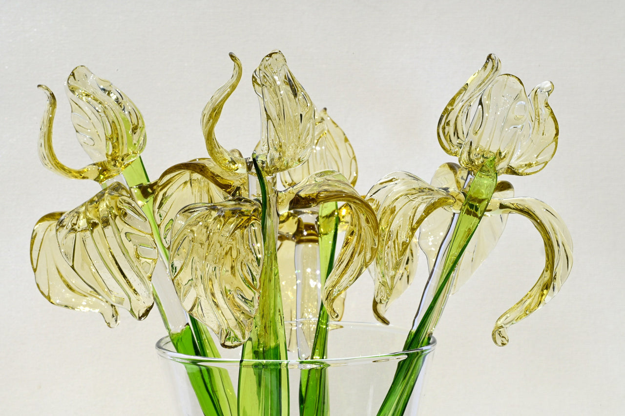 Glass Iris Flower - Hand Blown Glass Iris - Golden Glass Flowers Bouquet - Blown Glass Flowers - Christmas Gift for Mom