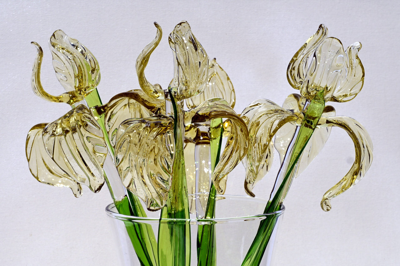 Glass Iris Flower - Hand Blown Glass Iris - Golden Glass Flowers Bouquet - Blown Glass Flowers - Christmas Gift for Mom