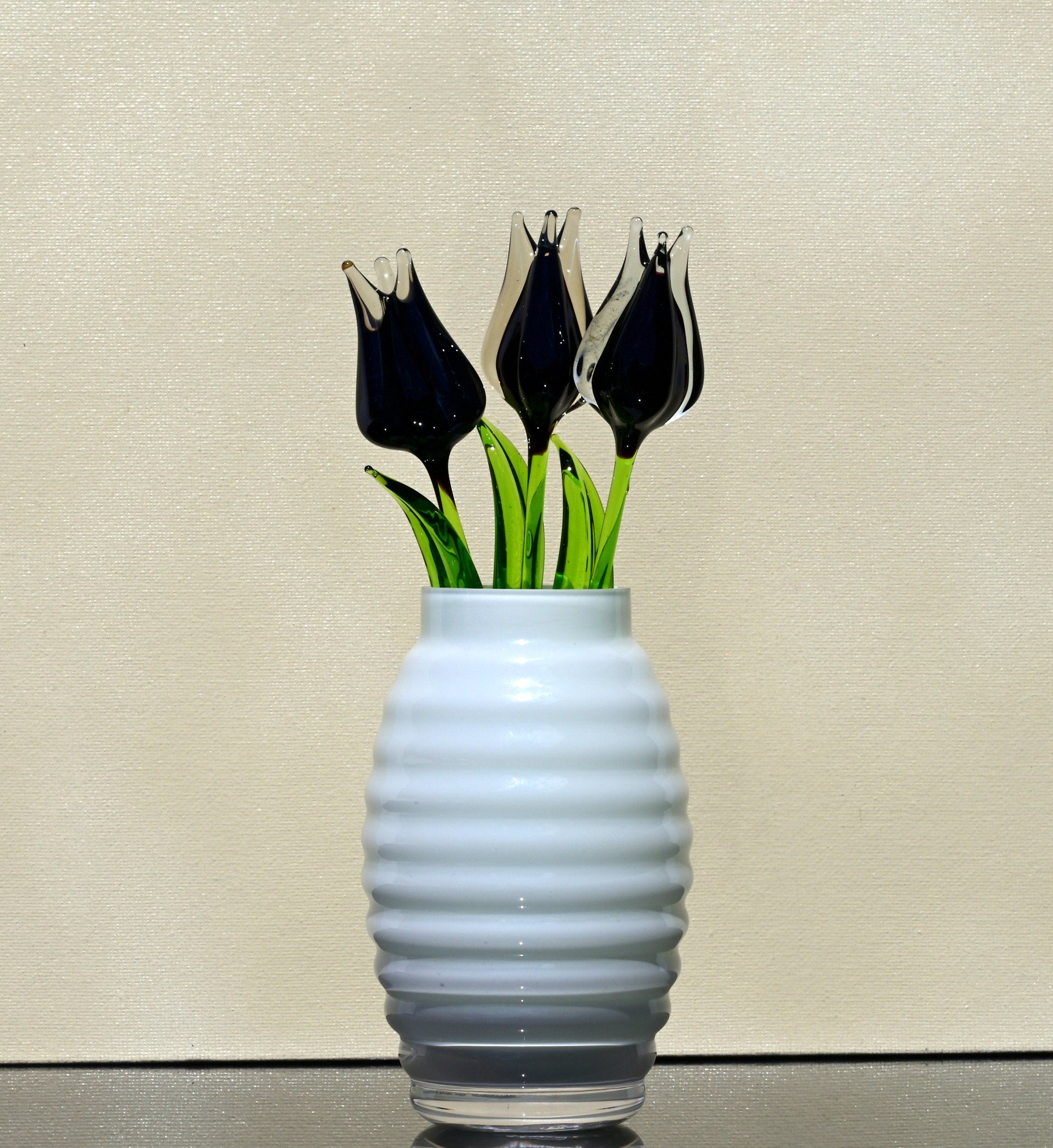 Handmade Black Glass Tulip: Flame Worked Sculpture, 7 inch