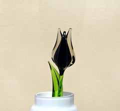 Handmade Black Glass Tulip: Flame Worked Sculpture, 7 inch
