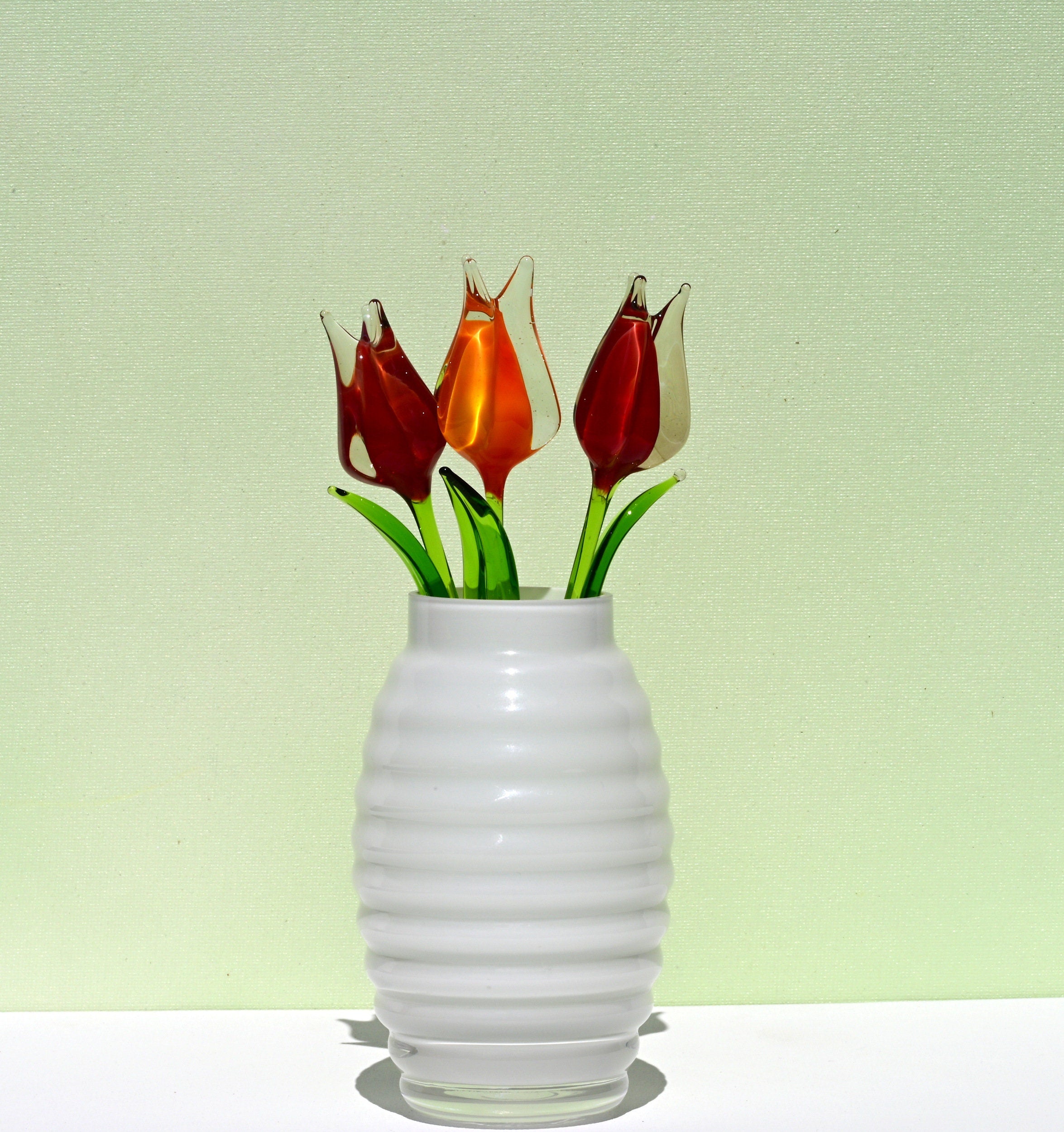 Handmade Glass Tulip Bouquet: Red-Orange Floral Sculpture