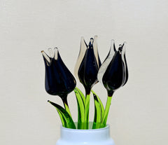 Handmade Black Glass Tulip: Flame Worked Sculpture, 7 inch