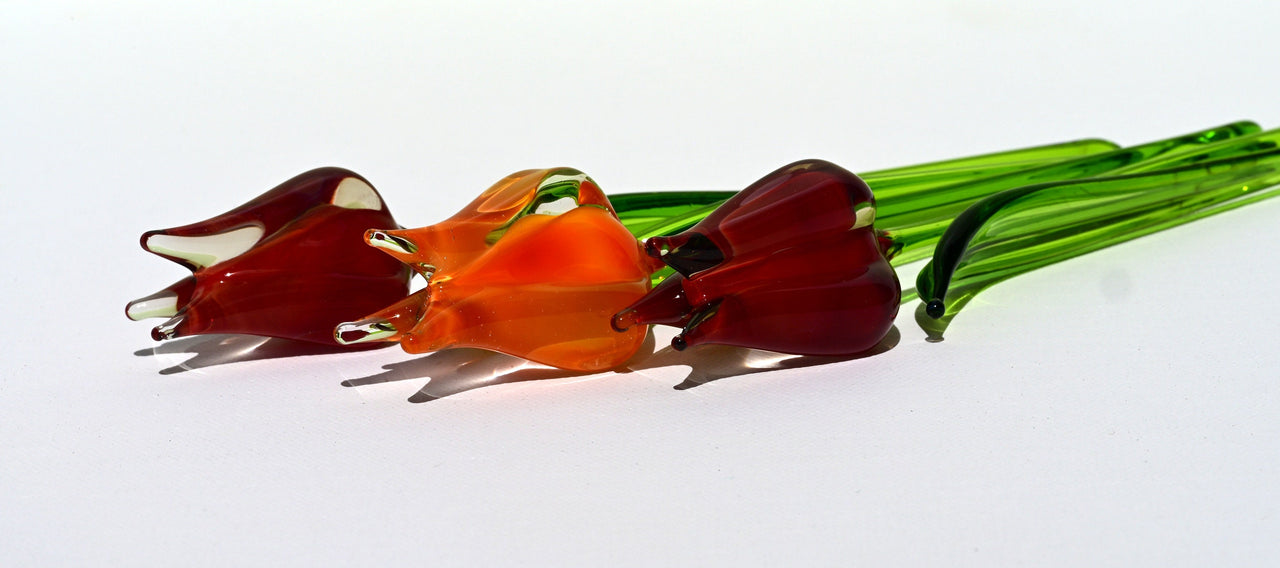 Handmade Glass Tulip Bouquet: Red-Orange Floral Sculpture